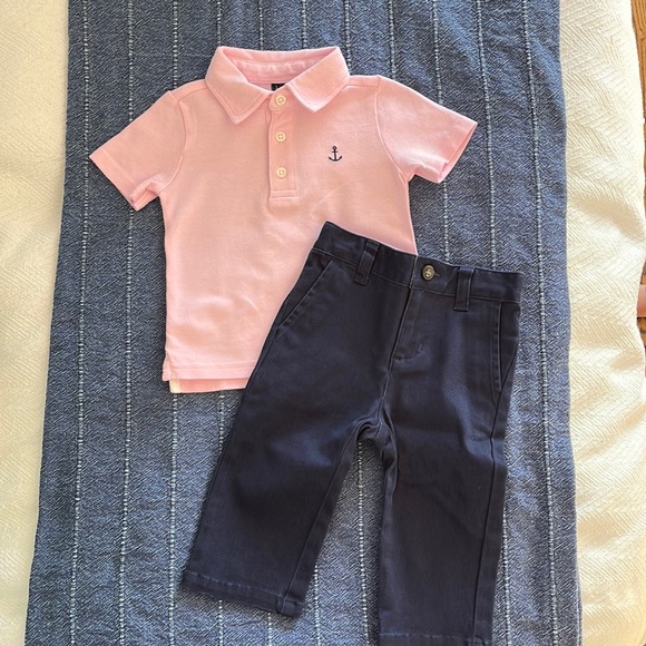 Janie and Jack 6-12 month pink polo, navy blue pants/chinos - Picture 1 of 7